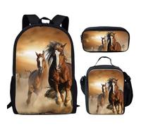 HUGS IDEA Set di 3 zaini per ragazze e ragazzi, con borsa per il pranzo, astuccio leggero e carino, 43,2 cm, Cavallo