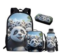 HUGS IDEA Set di 4 zaini per ragazzi e bambini, con portapranzo, 4 in 1, per la scuola, Panda divertente., Taglia unica, Zaini