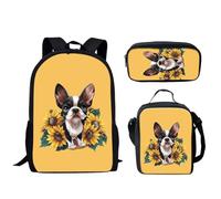 HUGS IDEA Set di zaini per la scuola per bambini con borsa termica per il pranzo e astuccio per bambini 3 in 1, Boston Terrier Girasole