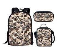 HUGS IDEA Set di zaini per la scuola per ragazzi e adolescenti 3 in 1 zaino con scatola portatile termica e astuccio organizer, Grazioso motivo carlino