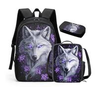HUGS IDEA Set di zaino per bambini e ragazzi, 3 pezzi, con borsa termica per il pranzo e astuccio, Lupo viola.