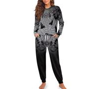 HUGS IDEA Set pigiama da donna a maniche lunghe con pantaloni 2 pezzi, Ragnatela di pipistrello di Halloween, S