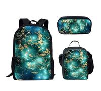 HUGS IDEA Set zaino per bambini, borsa per il pranzo, borsa per il pranzo, con supporto e astuccio 3 in 1, per ragazze adolescenti, Marmo verde.