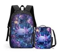 HUGS IDEA Zaino Galaxy con borsa per il pranzo, set di borse scolastiche per bambini e ragazzi, Axolotl incantato