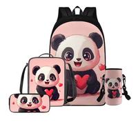 HUGS IDEA Zaino per bambini per ragazze Zaino per la scuola per bambini Set 4 in 1 con borsa per il pranzo Set di borsa per la scuola, Simpatico panda, Taglia unica, Zaini