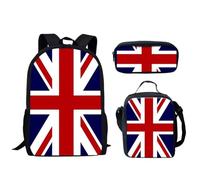 HUGS IDEA Zaino per bambini Set 3 in 1 Bookbag con pranzo Contenitore per alimenti portatile Astuccio Organizer Scuola Forniture da viaggio, Bandiera del Regno Unito