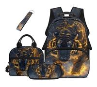 HUGS IDEA Zaino per libri per bambini con borsa per il pranzo, astuccio per matite e portachiavi, 4 in 1, borsa per libri di scuola, grande capacità, Tigre di fuoco