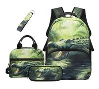 HUGS IDEA Zaino per libri per bambini con borsa per il pranzo, astuccio per matite e portachiavi, 4 in 1, borsa per libri di scuola, grande capacità, Stampa coccodrillo