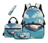 HUGS IDEA Zaino per libri per bambini con borsa per il pranzo, astuccio per matite e portachiavi, 4 in 1, borsa per libri di scuola, grande capacità, Lontra felice