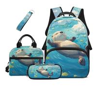 HUGS IDEA Zaino per libri per bambini con borsa per il pranzo, astuccio per matite e portachiavi, 4 in 1, borsa per libri di scuola, grande capacità, Relax Lontra