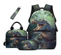 HUGS IDEA Zaino per libri per bambini con borsa per il pranzo, astuccio per matite e portachiavi, 4 in 1, borsa per libri di scuola, grande capacità, Coccodrillo