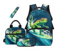 HUGS IDEA Zaino per libri per bambini con borsa per il pranzo, astuccio per matite e portachiavi, 4 in 1, borsa per libri di scuola, grande capacità, Camaleonte Surf