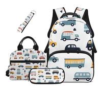 HUGS IDEA Zaino per libri per bambini con borsa per il pranzo, astuccio per matite e portachiavi, 4 in 1, borsa per libri di scuola, grande capacità, Modello auto