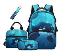 HUGS IDEA Zaino per libri per bambini con borsa per il pranzo, astuccio per matite e portachiavi, 4 in 1, borsa per libri di scuola, grande capacità, Orca stellata