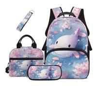HUGS IDEA Zaino per libri per bambini con borsa per il pranzo, astuccio per matite e portachiavi, 4 in 1, borsa per libri di scuola, grande capacità, Balena Ciliegi