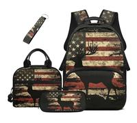 HUGS IDEA Zaino per libri per bambini con borsa per il pranzo, astuccio per matite e portachiavi, 4 in 1, borsa per libri di scuola, grande capacità, Cervo patriottico