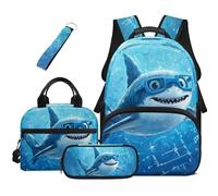 HUGS IDEA Zaino per libri per bambini con borsa per il pranzo, astuccio per matite e portachiavi, 4 in 1, borsa per libri di scuola, grande capacità, Squalo Nerd