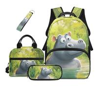 HUGS IDEA Zaino per libri per bambini con borsa per il pranzo, astuccio per matite e portachiavi, 4 in 1, borsa per libri di scuola, grande capacità, Simpatico ippopotamo