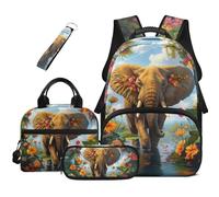 HUGS IDEA Zaino per libri per bambini con borsa per il pranzo, astuccio per matite e portachiavi, 4 in 1, borsa per libri di scuola, grande capacità, Elefante giungla