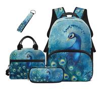 HUGS IDEA Zaino per ragazze con portapranzo, grazioso astuccio per la scuola, astuccio portachiavi per bambini dai 6 agli 8 anni, per viaggi quotidiani, Pavone blu.