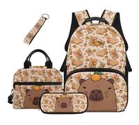 HUGS IDEA Zaino per ragazze con portapranzo, grazioso astuccio per la scuola, astuccio portachiavi per bambini dai 6 agli 8 anni, per viaggi quotidiani, Capibara Arancione