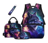 HUGS IDEA Zaino per ragazzi per la scuola Cool Bookbag per adolescenti Zaino nero con scatola per il pranzo Set di 4 pezzi, Lupo cosmico
