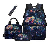 HUGS IDEA Zaino per ragazzi per la scuola Cool Bookbag per adolescenti Zaino nero con scatola per il pranzo Set di 4 pezzi, Camaleonte a bolle
