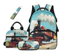 HUGS IDEA Zaino per ragazzi per la scuola Cool Bookbag per adolescenti Zaino nero con scatola per il pranzo Set di 4 pezzi, Treno Vintage