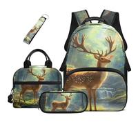 HUGS IDEA Zaino per ragazzi per la scuola Cool Bookbag per adolescenti Zaino nero con scatola per il pranzo Set di 4 pezzi, Cervo della foresta