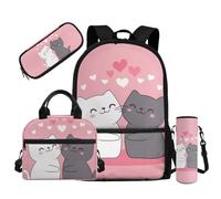 HUGS IDEA Zaino scolastico per ragazze, set 4 in 1 con zaino per la scuola elementare per bambini, Gatti carini., Taglia unica, Zaini