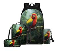 HUGS IDEA Zaino scolastico per ragazzi con borsa per il pranzo, astuccio per bottiglie, 4 pezzi, Pappagallo 3D, Taglia unica, Zaini