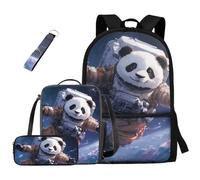 HUGS IDEA Zaino scolastico per ragazzi con portapranzo, astuccio per matite e portachiavi, set da 4 pezzi, Panda spaziale, Taglia unica, Zaini