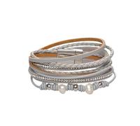 HUIANGLIYG Bracciale Avvolgente In Pelle Per Donna, Braccialetti In Pelle Impilabili Con Perle D'Acqua Dolce E Strass, Braccialetti Fatti A Mano, Gioielli Bohémien, Regalo Per Donna, Grigio 19,5 Cm