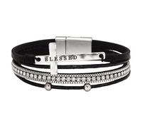 HUIANGLIYG Bracciale Avvolgente In Pelle Per Donna, Braccialetti In Pelle Impilabili Con Perle D'Acqua Dolce E Strass, Braccialetti Fatti A Mano, Gioielli Bohémien, Regalo Per Donna, Nero, 19,5 Cm