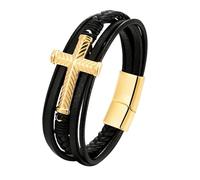 HUIANGLIYG Bracciale Cuoio Uomo,Bracciale da Uomo in Vera Pelle con Croce, Multistrato, intrecciato, Religioso, con Chiusura Magnetica, Vintage, Punk, Idea Regalo per La Festa Del Papà, Compleanno,