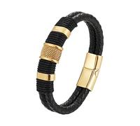 HUIANGLIYG Bracciale Da Uomo In Pelle Con Chiusura Magnetica, Bracciale Rigido Intrecciato A Doppia Fila In Nero/bianco/Oro, Gioielli Punk Fatti A Mano, Regali Per Uomo, Marito, Papà, Oro 21 Cm