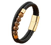 HUIANGLIYG Bracciale Da Uomo In Pelle Con Perline E Chiusura Magnetica, Pietra Naturale, Occhio Di Tigre/Roccia Lavica, Regalo Per Uomo, Gioielli Artigianali Vintage, Oro 23 Cm