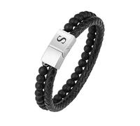 HUIANGLIYG Bracciale da Uomo in Pelle intrecciata A Doppia Fila con iniziali, 6 Mm, perline in Pietra di Agata Opaca, Braccialetti Fatti A Mano, Chiusura Magnetica Regolabile, Gioielli da Polso, Reg