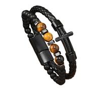 HUIANGLIYG Bracciale da Uomo in Pelle intrecciata Nera con Croce, perline di Pietra Naturale e Chiusura Magnetica. Gioielli Religiosi Cristiani, Un Regalo Premuroso per Papà.