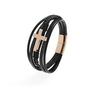 HUIANGLIYG Bracciale da Uomo in Vera Pelle intrecciata con Croce Multistrato, Fatto A Mano, con Croce di Gesù Cristo, Regalo per Figlio, Papà, Marito, Fidanzato, Oro 19 Cm