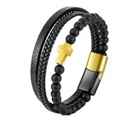 HUIANGLIYG Bracciale in Pelle con perline di Pietra Naturale per Uomo, Nero, Multistrato, con Croce, Braccialetto Della Fede, intrecciato A Mano, Amuleto, Regalo di Pasqua e Natale, con Scatola, Aga