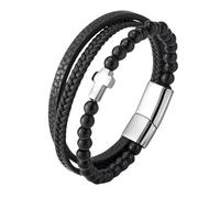 HUIANGLIYG Bracciale in Pelle con perline di Pietra Naturale per Uomo, Nero, Multistrato, con Croce, Braccialetto Della Fede, intrecciato A Mano, Amuleto, Regalo di Pasqua e Natale, con Scatola, per