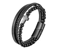 HUIANGLIYG Bracciale in Pelle con perline di Pietra Naturale per Uomo, Nero, Multistrato, con Croce, Braccialetto Della Fede, intrecciato A Mano, Amuleto, Regalo di Pasqua e Natale, con Scatola, per