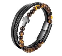 HUIANGLIYG Bracciale in Pelle con perline di Pietra Naturale per Uomo, Nero, Multistrato, con Croce, Braccialetto Della Fede, Fatto A Mano, intrecciato, Amuleto, Regalo di Pasqua e Natale, con Scato