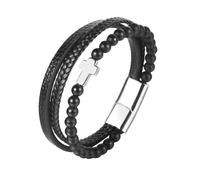 HUIANGLIYG Bracciale in Pelle con perline di Pietra Naturale per Uomo, Nero, Multistrato, con Croce, Braccialetto Della Fede, intrecciato A Mano, Amuleto, Regalo di Pasqua e Natale, con Scatola, Aga