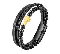 HUIANGLIYG Bracciale in Pelle con perline di Pietra Naturale per Uomo, Nero, Multistrato, con Croce, Braccialetto Della Fede, Fatto A Mano, intrecciato, Amuleto, Regalo di Pasqua e Natale, con Scato