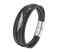 HUIANGLIYG Bracciale in Pelle con Piume per Uomo, Vichingo, Multistrato, intrecciato, in Vera Pelle, Nero, Vintage, Punk, Polsino con Piume, Gioiello Regalo per Donna e Uomo, Argento, 20,5 Cm