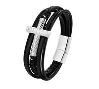 HUIANGLIYG Bracciale Uomo,Bracciale da Uomo in Vera Pelle con Croce, Multistrato, intrecciato, Religioso, con Chiusura Magnetica, Vintage, Punk, Idea Regalo per La Festa Del Papà, Compleanno, Argen