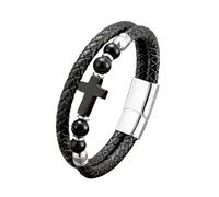 HUIANGLIYG Bracciale Uomo,Bracciale da Uomo in Vera Pelle intrecciata con perline A Croce, Nero, A Doppia Fila, intrecciato, Polsino Impilabile, Gioiello Portafortuna Vintage, Regalo per Ragazzi, Ac