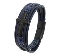 HUIANGLIYG Bracciale Uomo,Braccialetti da Uomo in Vera Pelle intrecciata con Croce Nera, Multistrato, Braccialetto Religioso intrecciato A Mano, Idea Regalo per La Festa Del Papà, Blu Navy, 22 Cm